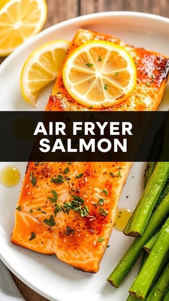 Crispy Air Fryer Salmon Fillets (No Skin) Crispy air fryer salmon fillet garnished with lemon wedges and herbs on a white plate.
